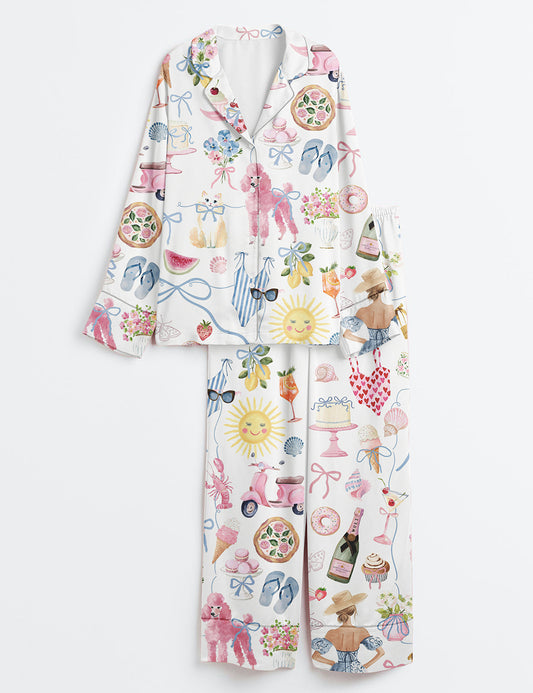 Women’s Whimsical Wedding Dolce Vita Wedding Coquette Mediterranean Aperol Beach Travel Dog Champagne Beach Long Sleeve Satin Pajama Set