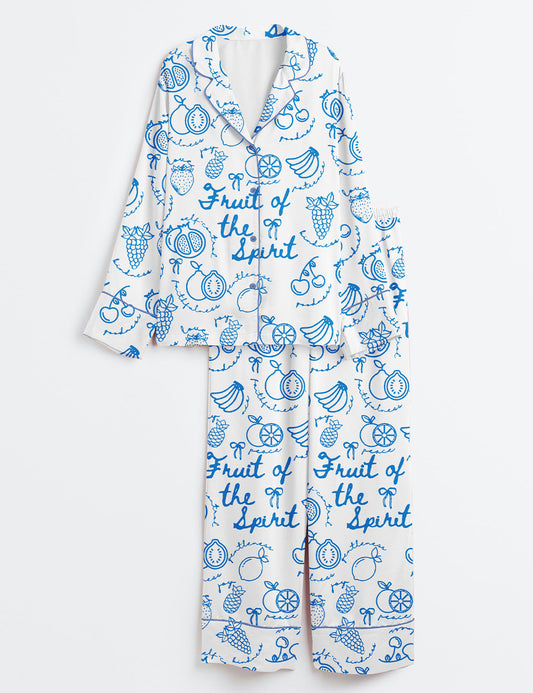 Women’s Fruit Of The Spirit Bible Verse Galatians Christian Scripture Fruit Faith Based Religious Print Long Sleeve Satin Pajama Set