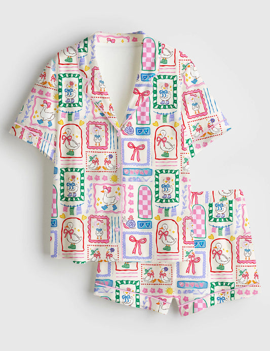 Women’s Silly Goose On The Loose Coquette Bows Hand Drawn Cottagecore Preppy Goose Print Short Sleeve Satin Pajama Set