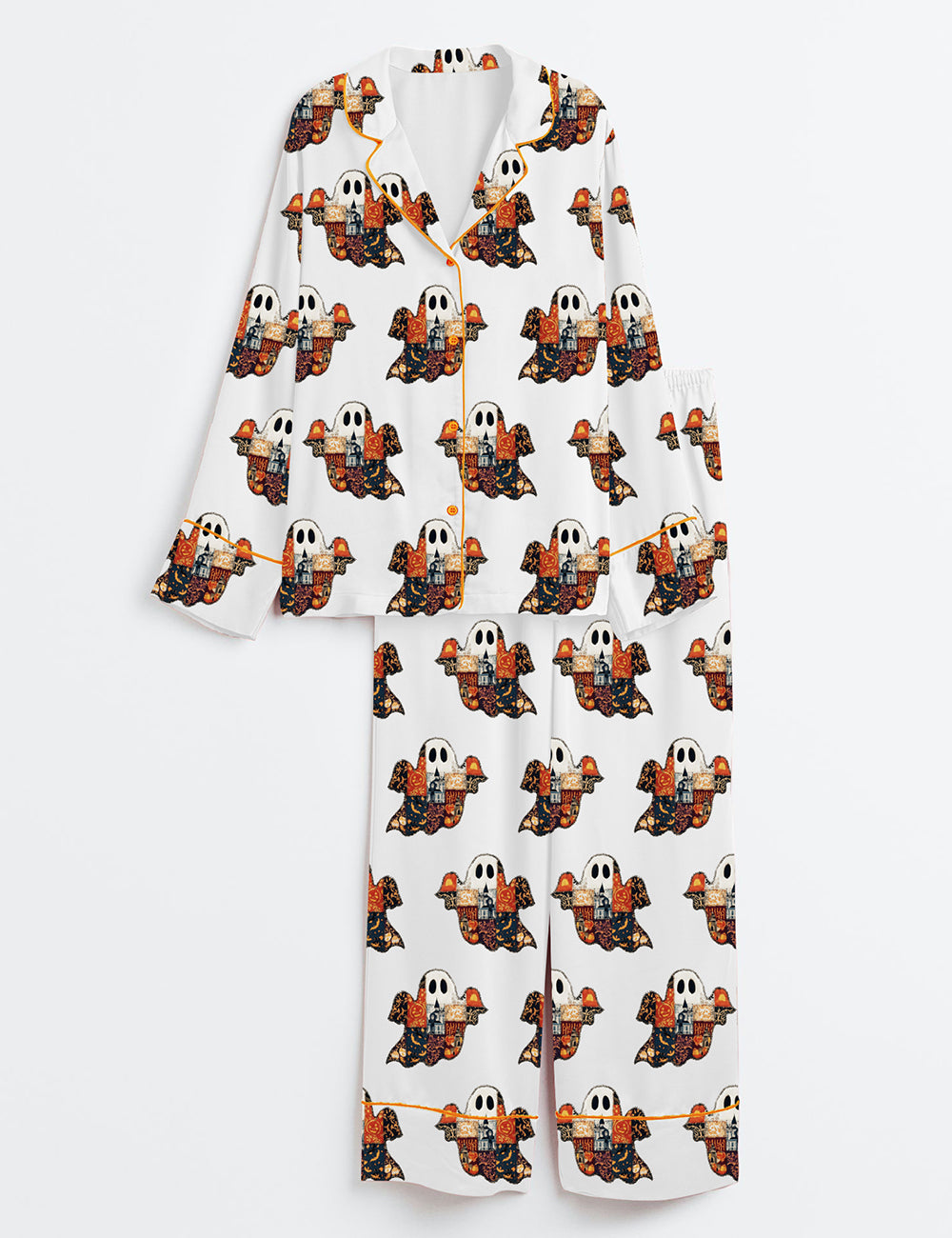 Women’s Halloween Vintage Ghost Cozy Spooky Fall Long Sleeve Satin Pajama Set