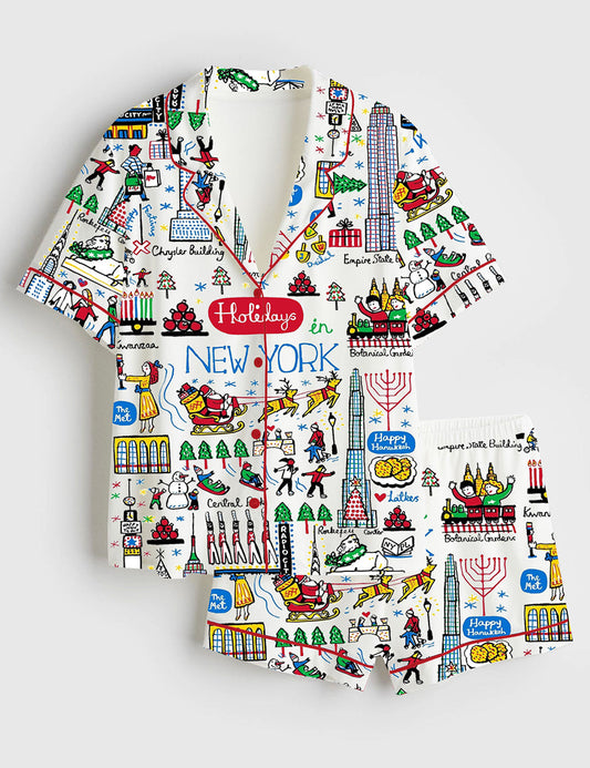 Women's Christmas Holidays In New York Short Sleeve Satin Pajama Set