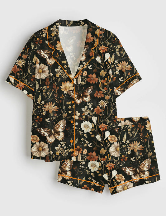 Women’s Dark Fall Floral Autumn Butterfly Night Garden Short Sleeve Satin Pajama Set