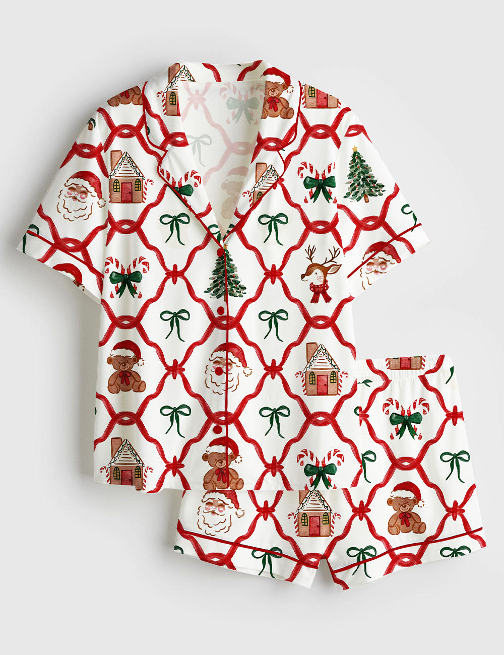 Women’s Red And Green Santa Trellis Christmas Reindeer Gingerbread Bows Candy Cane Teddy Bears Short Sleeve Satin Pajama Set