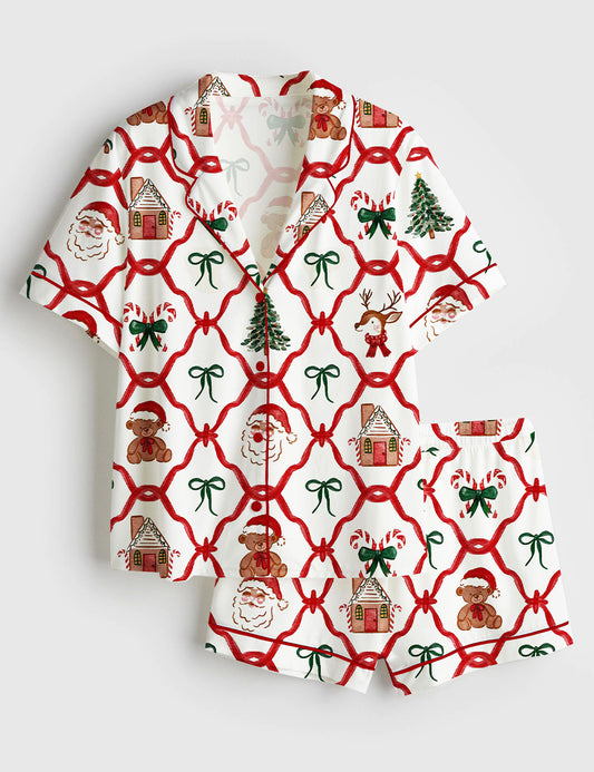 Women’s Red And Green Santa Trellis Christmas Reindeer Gingerbread Bows Candy Cane Teddy Bears Short Sleeve Satin Pajama Set
