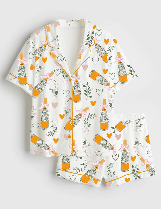 Women’s Champagne Bottle Romantic Floral Hearts Wedding Short Sleeve Satin Pajama Set