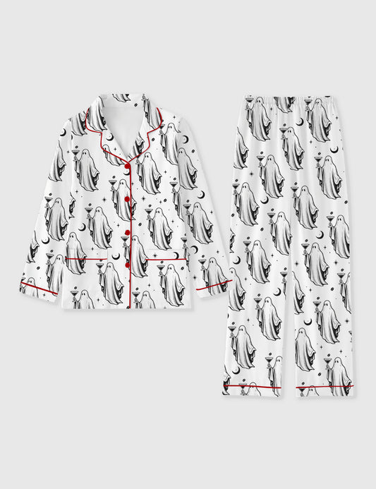 Women's Halloween Ghost Cocktail Espresso Martini Long Sleeve Pocket Cotton Pajama Set