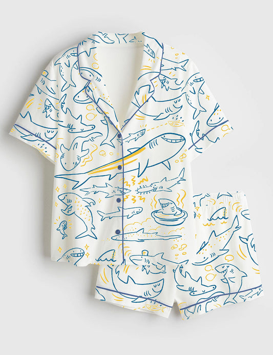 Women’s Cute Smiley Shark Sea Animal Short Sleeve Satin Pajama Set