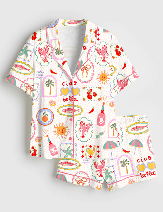 Women’s Summer In Italy Ciao Bella Short Sleeve Satin Pajama Set