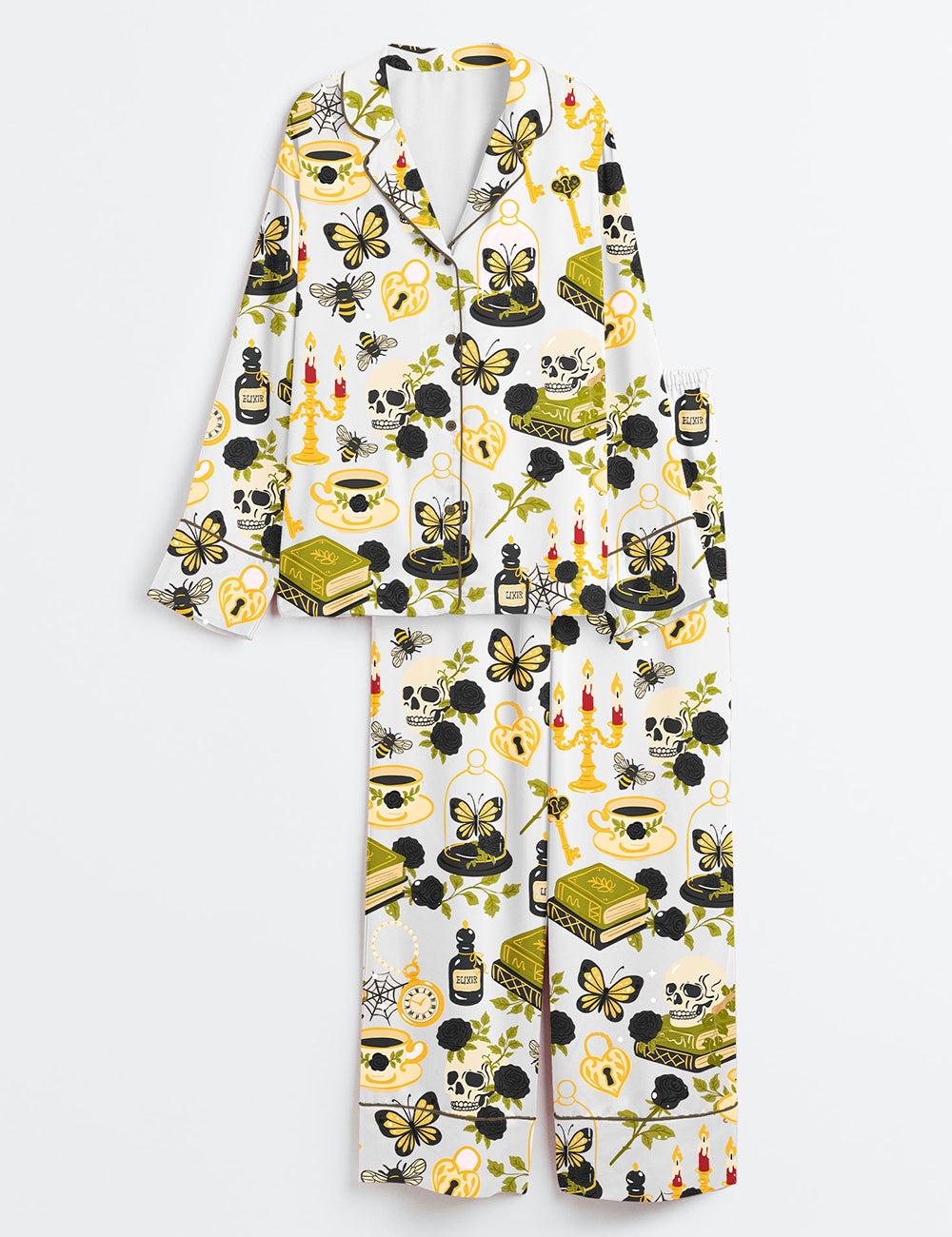 Women’s Dark Academia Halloween Skull Red Rose Gothic Witchy Spooky Cozy Aesthetic Print Long Sleeve Satin Pajama Set