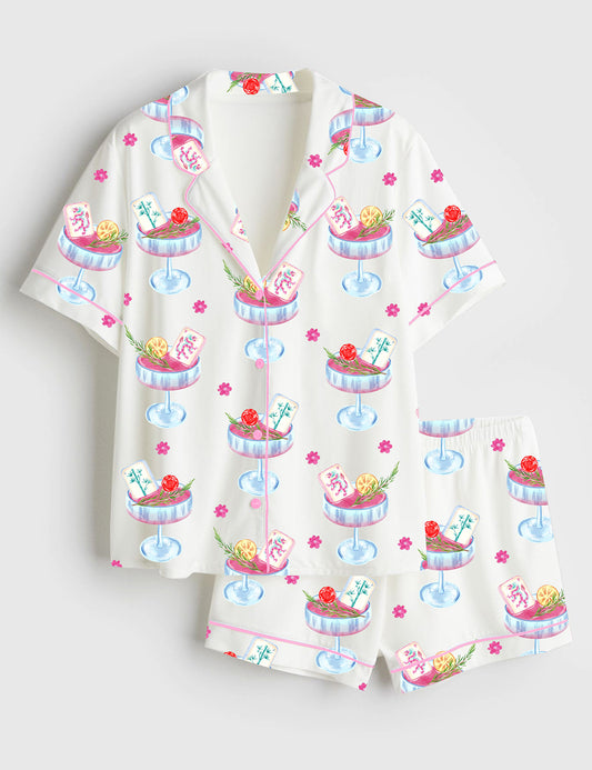 Women’s Mahjong Party Short Sleeve Satin Pajama Set
