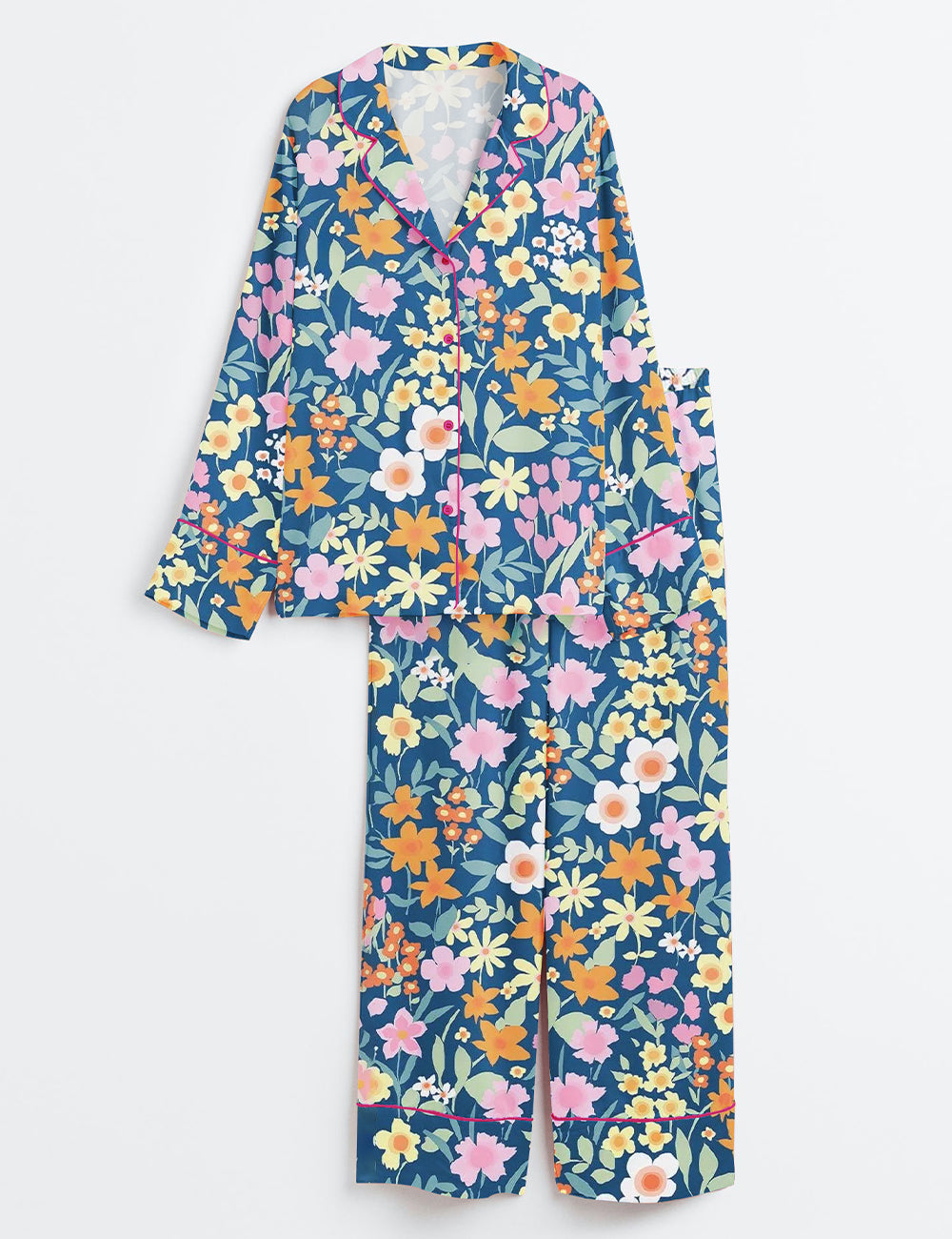 Women's Full Bloom Navy Floral Long Sleeve Satin Pajama Set