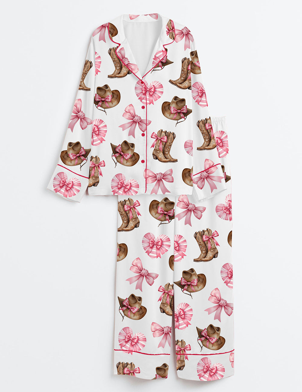 Women's Western Cowgirl Boot Long Sleeve Satin Pajama Set