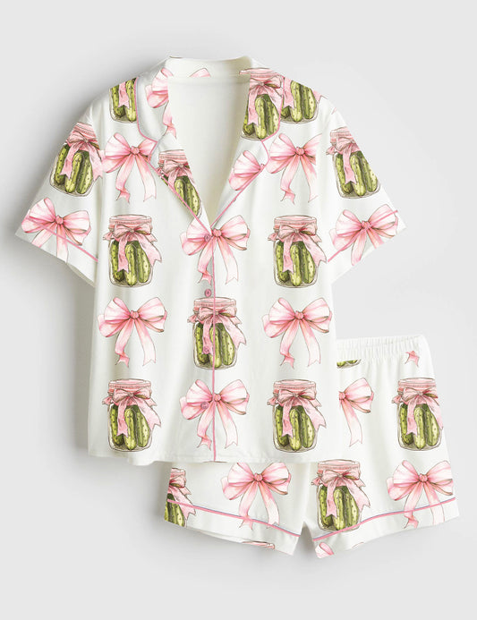 Women’s Coquette Pickle Pink Pickle Lover Social Club Short Sleeve Satin Pajama Set