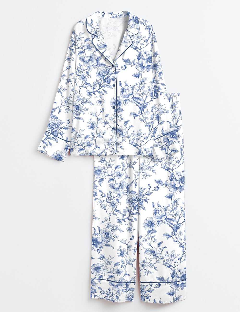 Women’s Blue Flower French Style Light Blue & White Floral Print Long Sleeve Satin Pajama Set