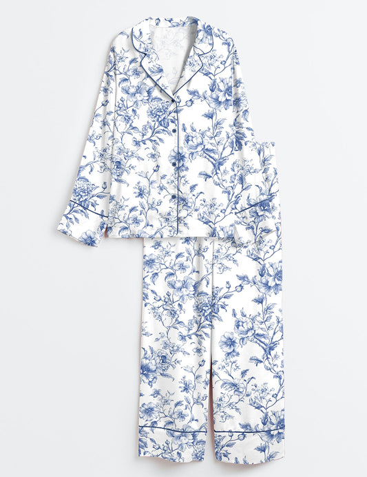 Women’s Blue Flower French Style Light Blue & White Floral Print Long Sleeve Satin Pajama Set