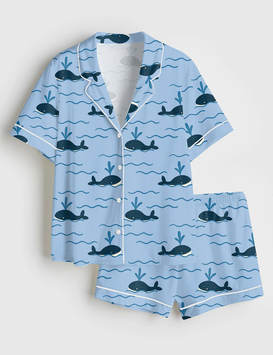Women’s Whale Print Sounds Of The Sea Short Sleeve Satin Pajama Set