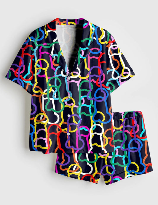 Women’s LGBTQ Gay Pride Rainbow Funny Graffiti Penis Line Art Print Short Sleeve Satin Pajama Set