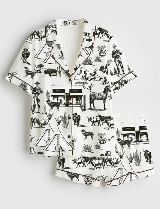 Women’s Wild West Adventure Western Cowgirl Print Short Sleeve Satin Pajama Set