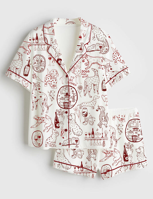 Women’s Dog And Wine Short Sleeve Satin Pajama Set