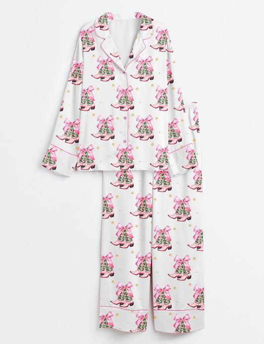 Women’s Coquette Christmas Cowgirl Long Sleeve Satin Pajama Set
