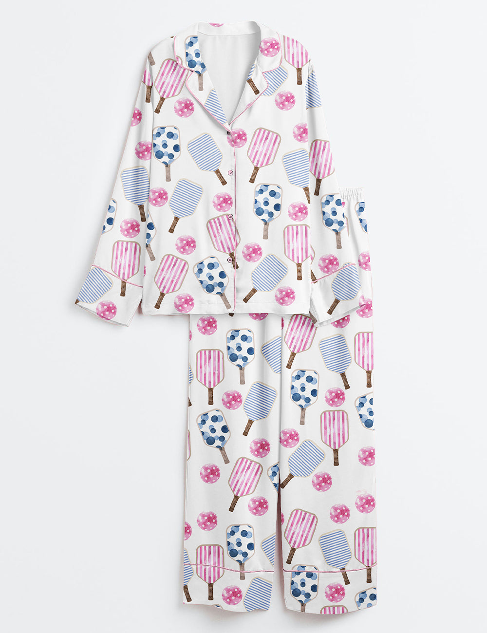 Women’s Watercolor Stripes Pink And Blue Pickleball Paddle And Ball Long Sleeve Satin Pajama Set