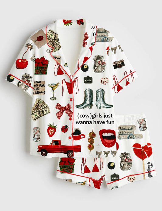 Women’s Cowgirls Just Wanna Have Fun Western Short Sleeve Satin Pajama Set