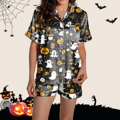 SHITINN Halloween Pajamas Two Piece Silk Pijamas Women Set Halloween Printed Button Up Pajamas for Women Short Sets Loungewear for Women Halloween Womens Pjs