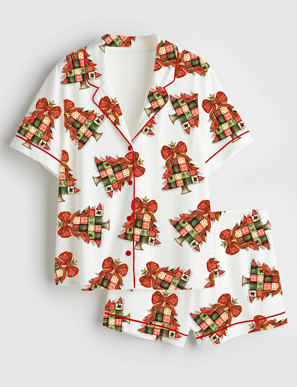 Women’s Retro Patchwork Christmas Tree Vintage Merry Christmas Bow Short Sleeve Satin Pajama Set