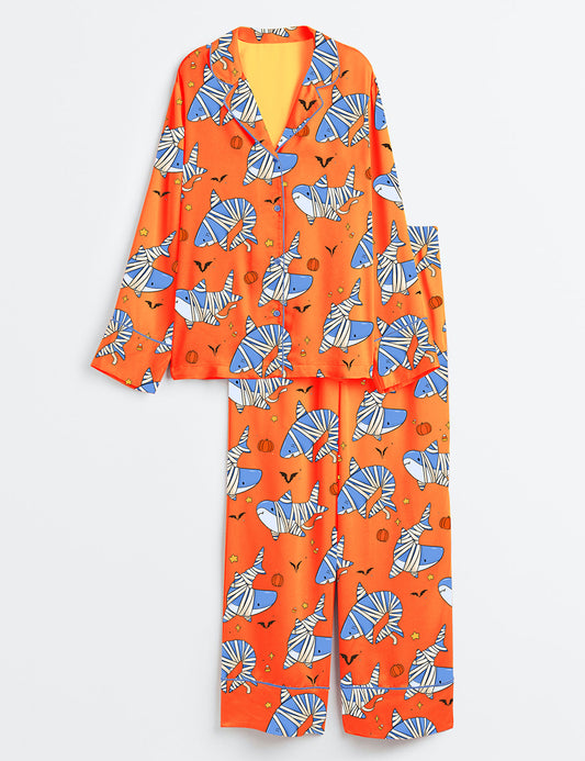 Women’s Spooky Sharks Halloween Long Sleeve Satin Pajama Set