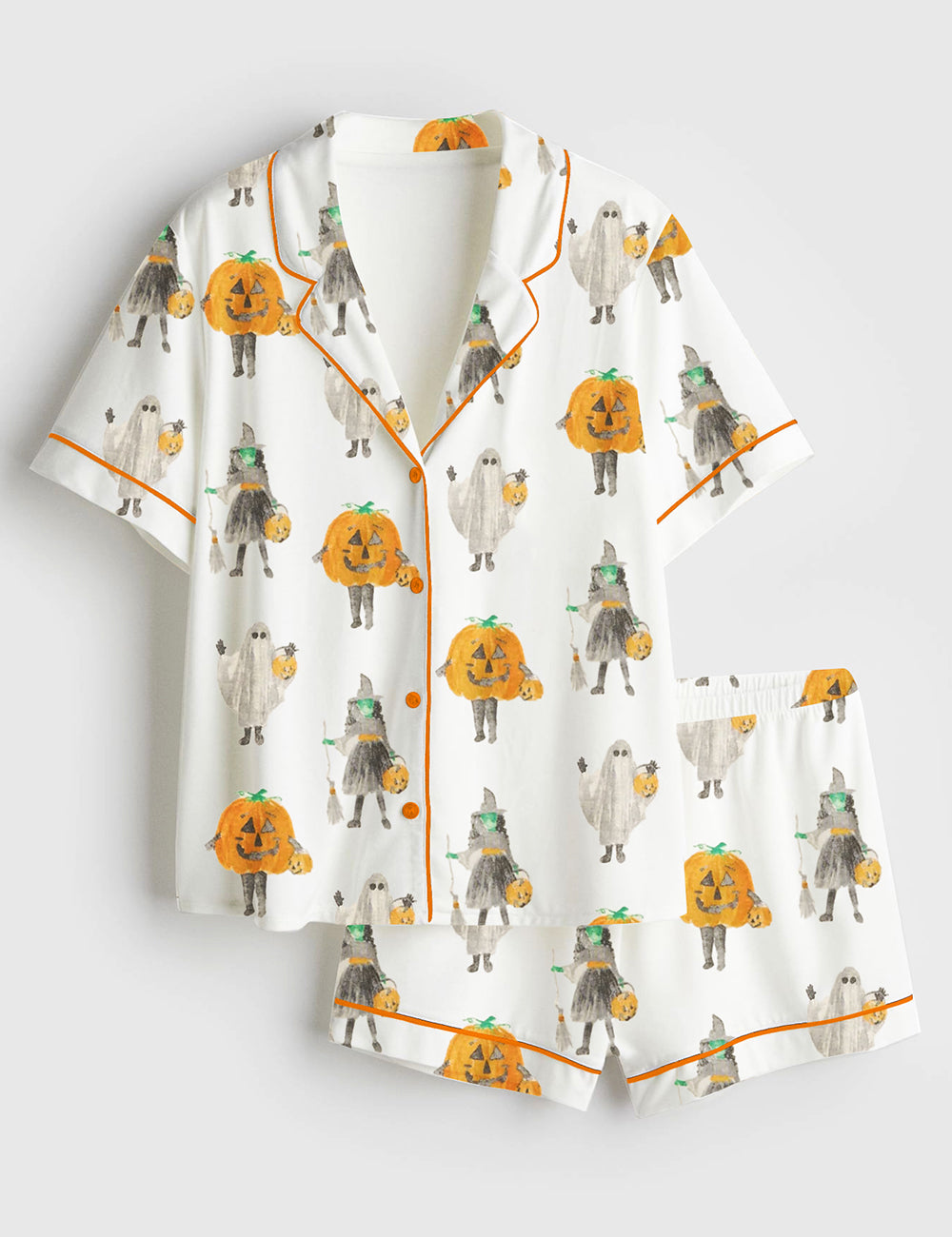 Men’s Witchy Halloween Spooky Pumpkin Aesthetics Witchy Halloween Witch Print Short Sleeve Satin Pajama Set