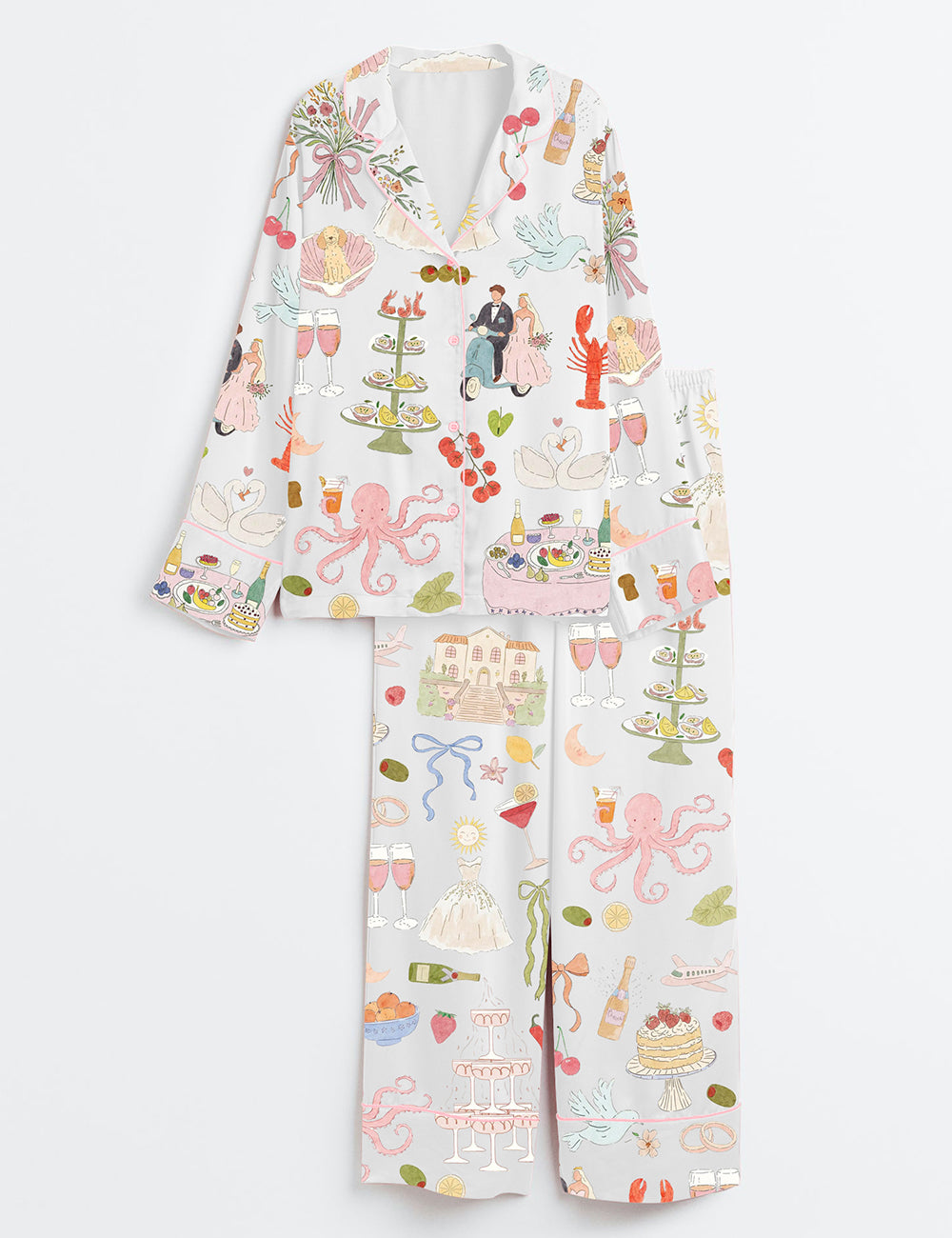 Women’s Whimsical Hand Drawn Watercolor Wedding Dolce Vita Summer Print Long Sleeve Satin Pajama Set