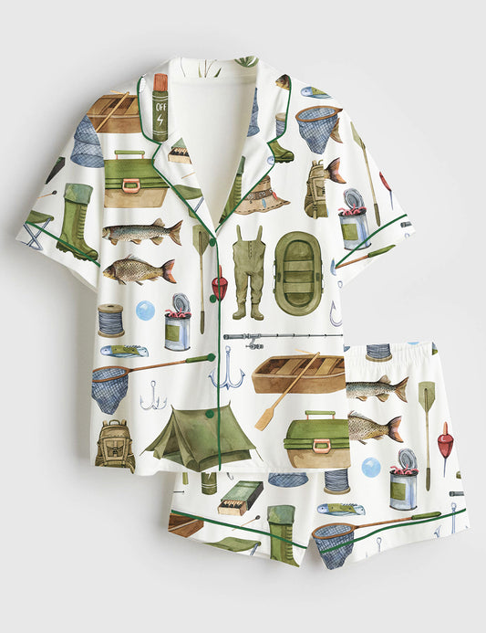 Women’s Watercolor Fishing Travel Camping Summer Short Sleeve Satin Pajama Set