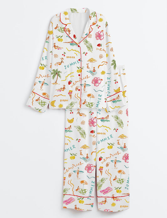 Women’s Summer Memories Fruity Cocktails Tropical Trees Sandy Beaches Long Sleeve Satin Pajama Set