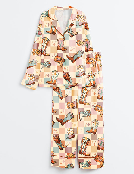 Women’s Colorful Plaid Western Cowboy Boot Long Sleeve Satin Pajama Set