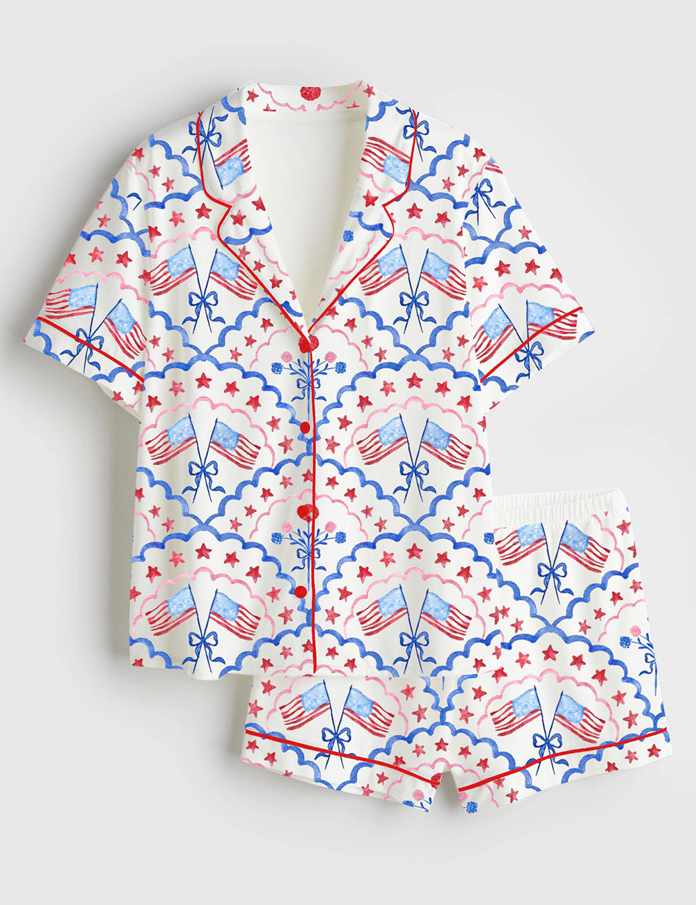 Women’s Red White And Blue Scalloped USA Flag And Floral 4th Of July Patriotic Print Short Sleeve Satin Pajama Set