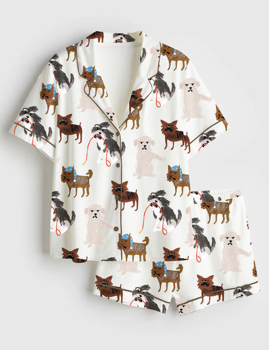 Women’s Vicious Puppy Dogs Lover Short Sleeve Satin Pajama Set