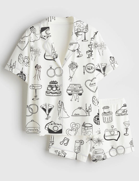 Women’s Whimsical Hand Drawn Wedding Timeline Icons Champagne Wedding Print Short Sleeve Satin Pajama Set