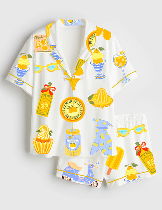 Women’s Lemon Print Summer Travel Art Short Sleeve Satin Pajama Set