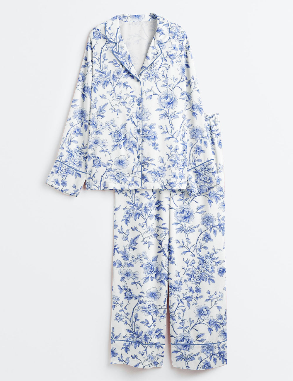 Women’s Chinoiserie Toile de Jouy Light Blue & White Floral Print Long Sleeve Satin Pajama Set