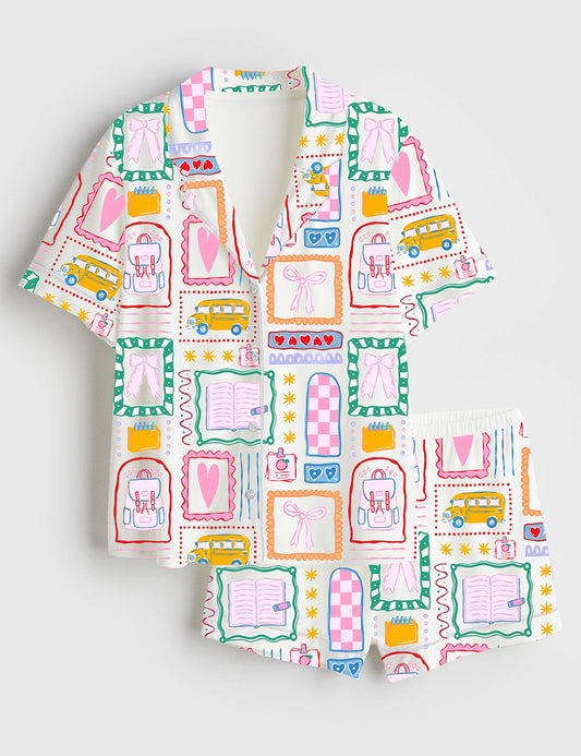 Women’s Girly Back To School Coquette Bows Preppy Girl Go To School Print Short Sleeve Satin Pajama Set