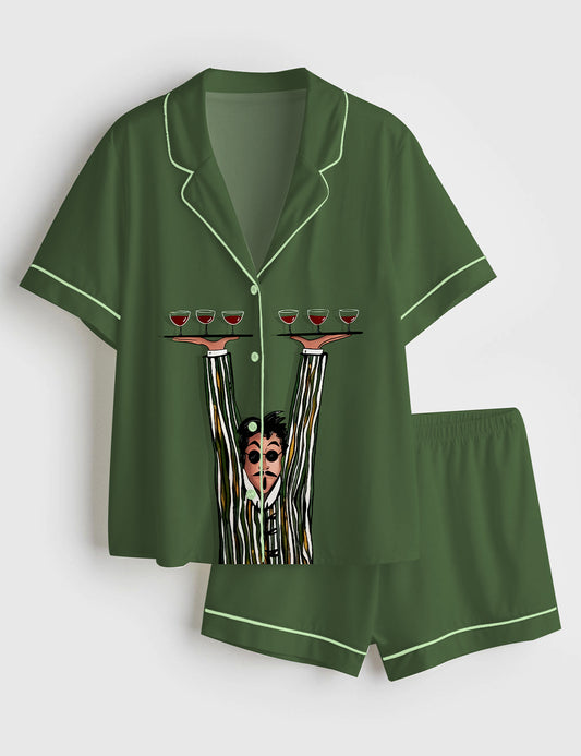 Women’s French Waiter Serving Drinks Short Sleeve Satin Pajama Set