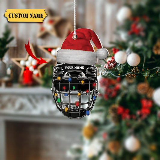 Custom Name Christmas Hockey Helmet Black Hanging Ornament, Ornament Decoration, Ornament For Gift, Ornament Christmas
