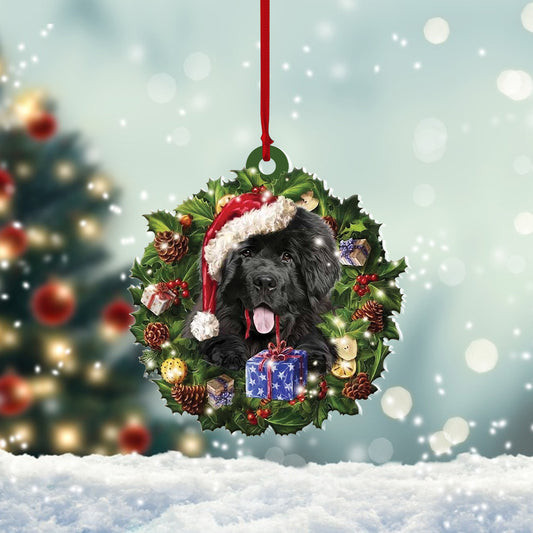 Cute Newfoundland Christmas Wreath Shape Mica Plastic Ornament, Pet Lovers Gift, Christmas Ornament, Christmas Gift, Ornament Decoration, Ornament Christmas - TeeZworldVN