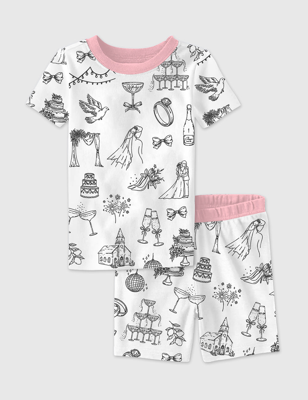 Kid's Hand Drawn Wedding Icons Champagne Wedding Timeline Print Short Sleeve Pajama Set