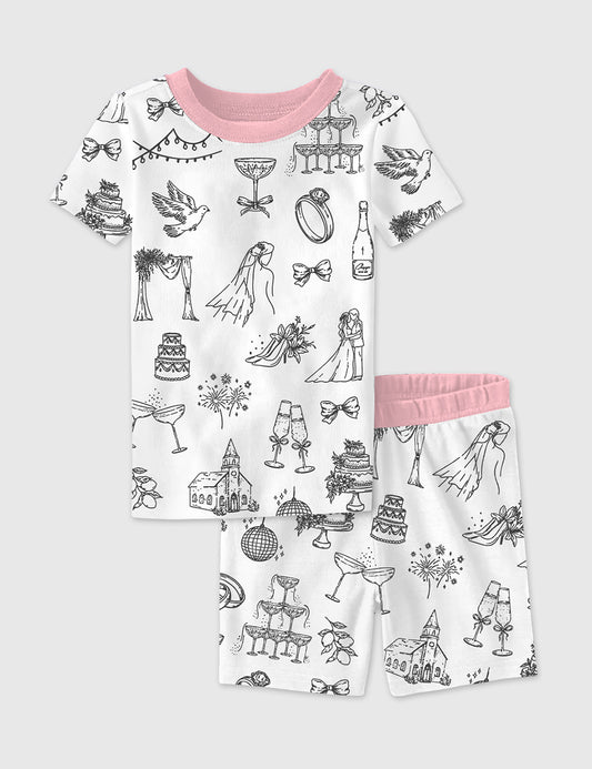Kid's Hand Drawn Wedding Icons Champagne Wedding Timeline Print Short Sleeve Pajama Set