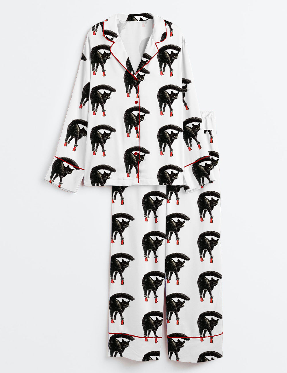 Women’s Black Cat Wearing High Heels Long Sleeve Satin Pajama Set