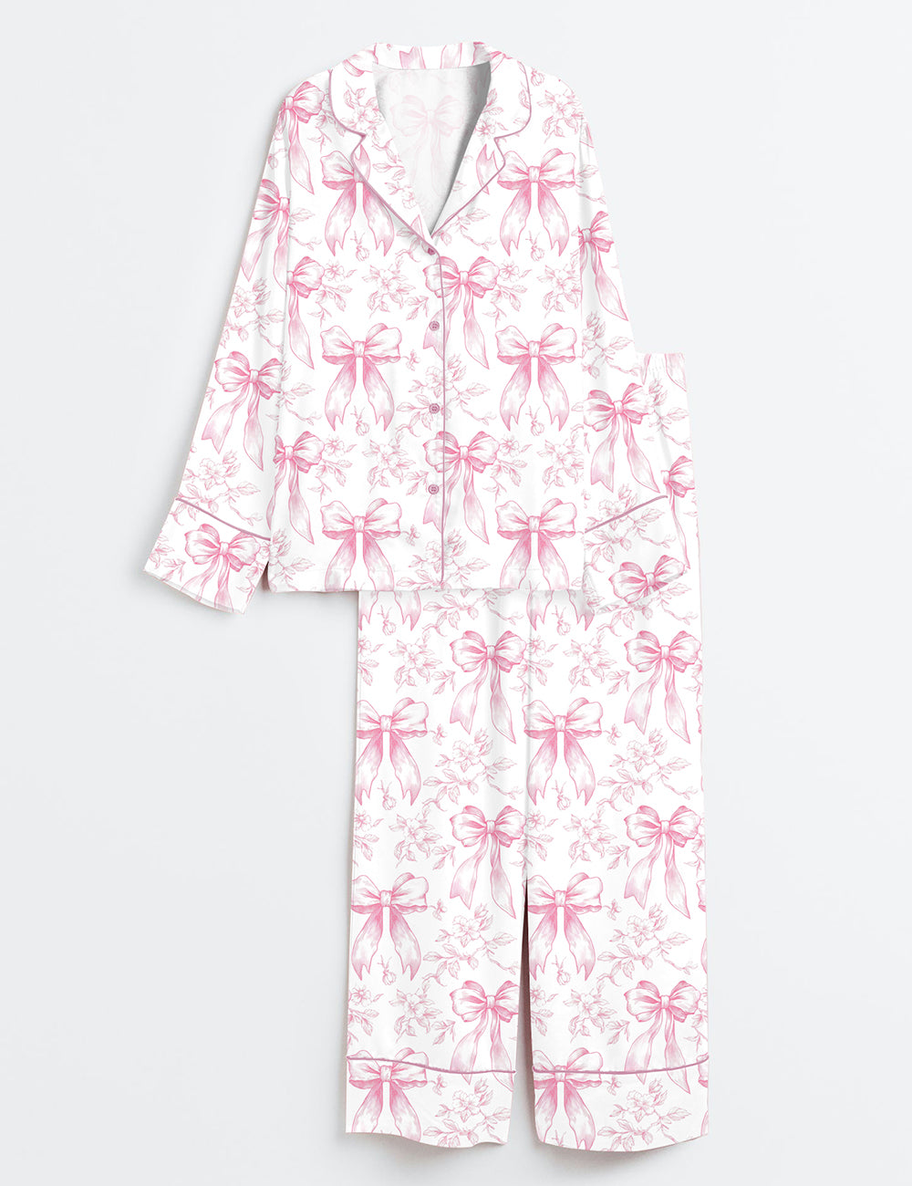 Women’s Pink Chinoiserie Coquette Bow Floral Long Sleeve Satin Pajama Set