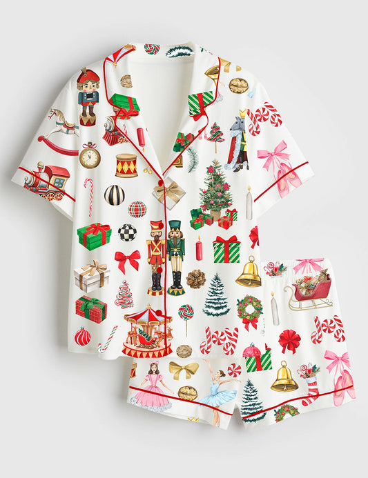 Women’s Watercolor Nutcracker Christmas Ballet Mouse King Short Sleeve Satin Pajama Set