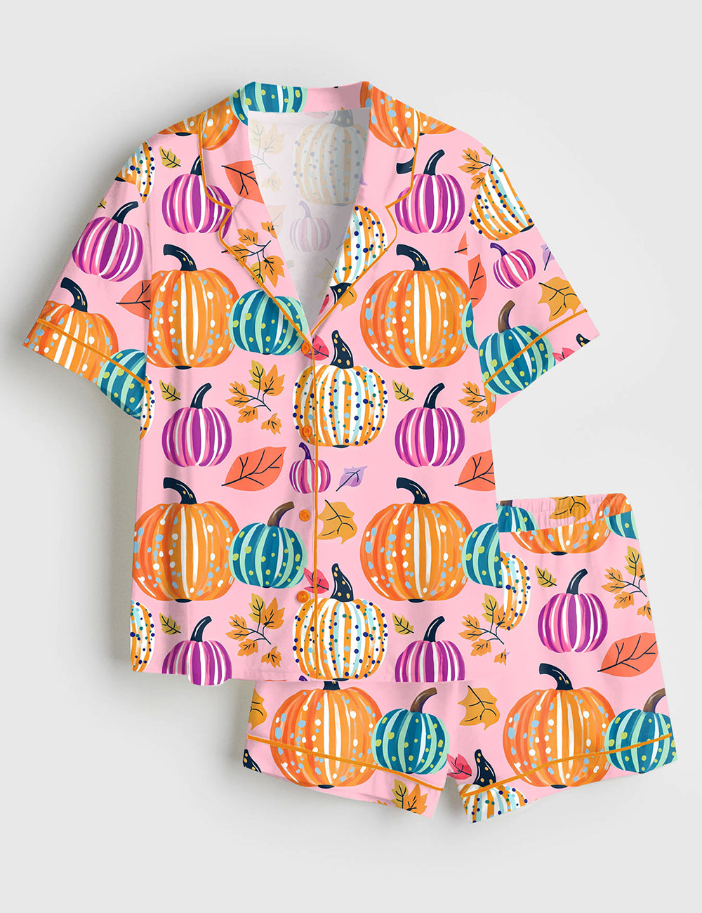Women’s Preppy Painted Pumpkins Pastel Fall Pumpkin Cute Autumn Halloween Short Sleeve Satin Pajama Set