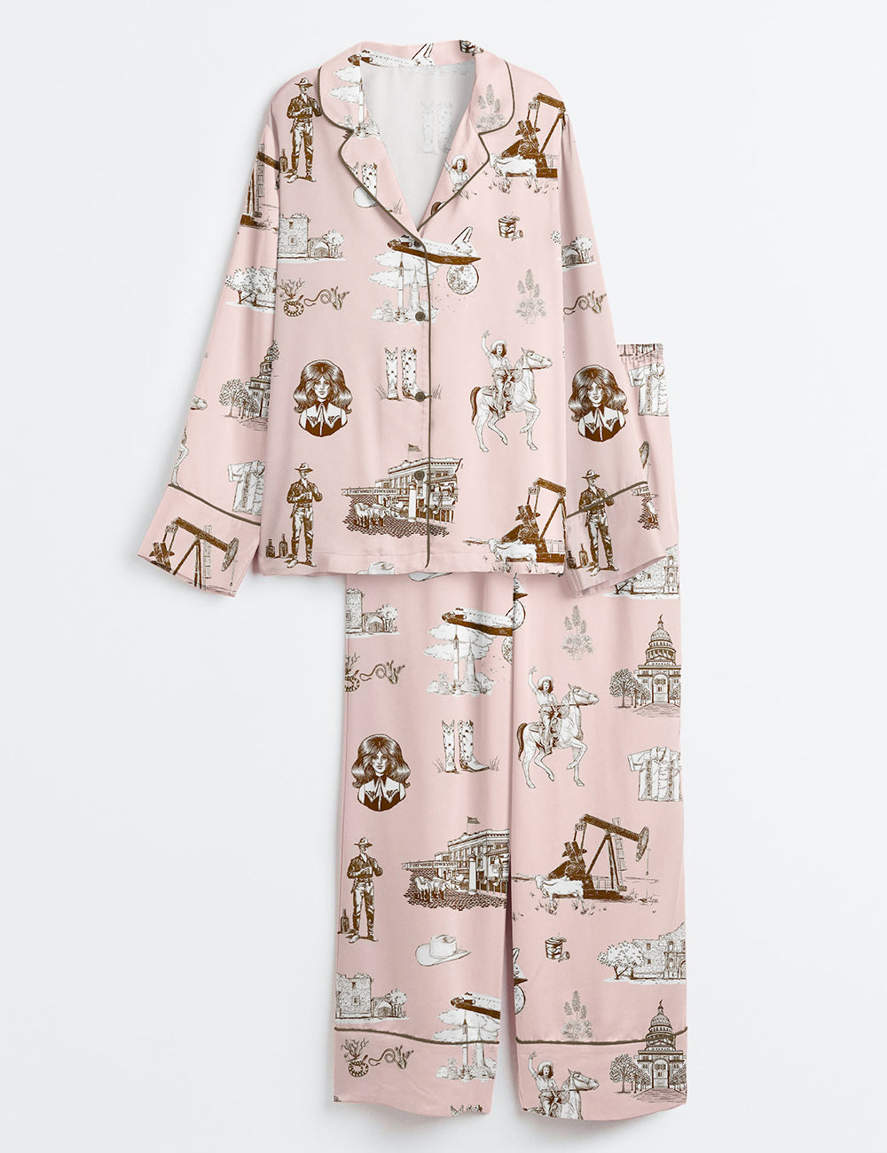 Women’s Watercolor Western Texas Horse Ranch Cowboy Print Western Cowgirl Texas Travel Print Long Sleeve Satin Pajama Set